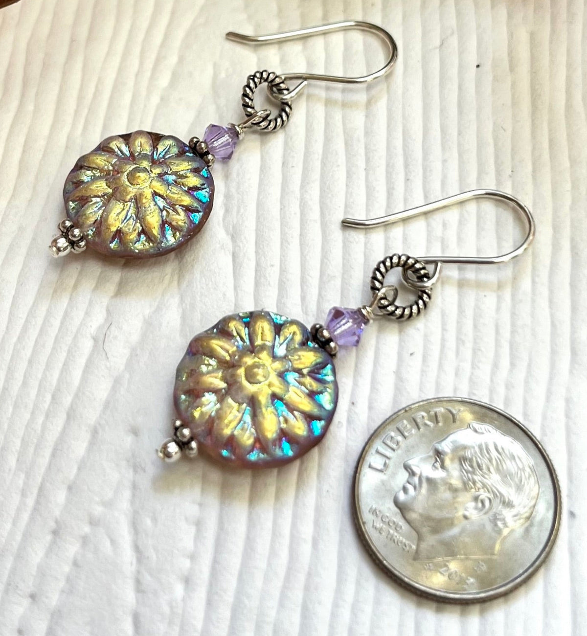 Czech Glass Iris Metallic Dahlia Earrings in Sterling Silver