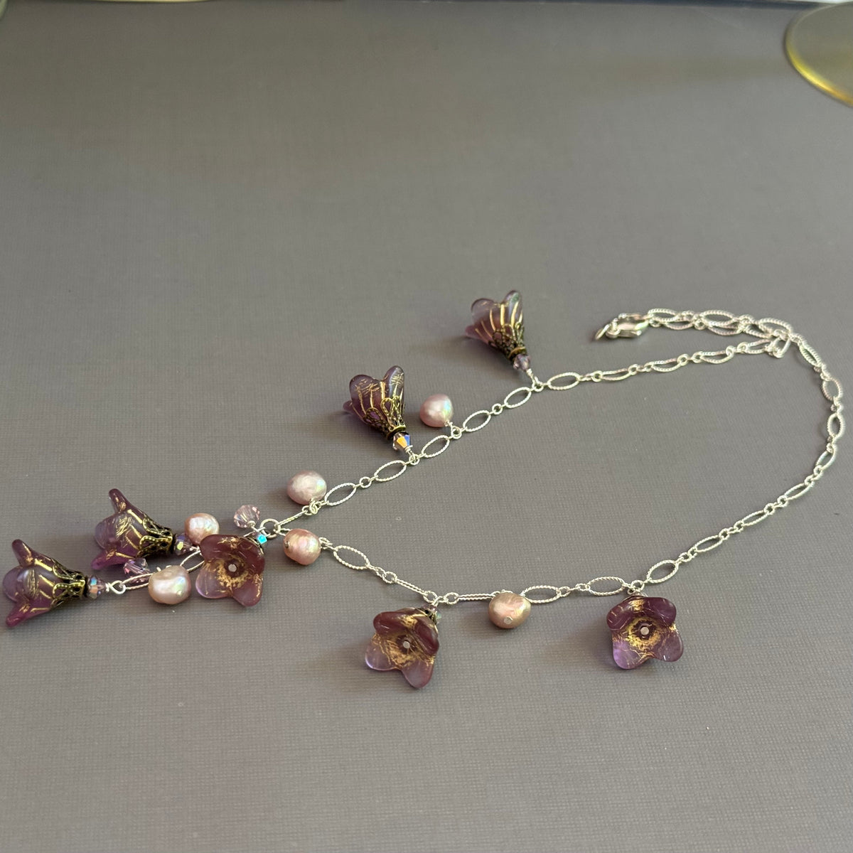 Grape Jelly Czech Glass Bell Flower Drop Necklace on Sterling Silver