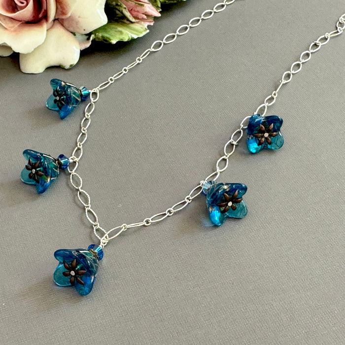 Caribbean Blue Czech Glass Bell Flower Drop Necklace on Sterling Silver
