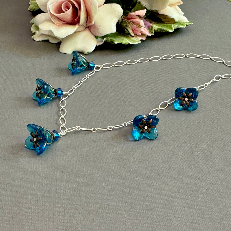 Caribbean Blue Czech Glass Bell Flower Drop Necklace on Sterling Silver