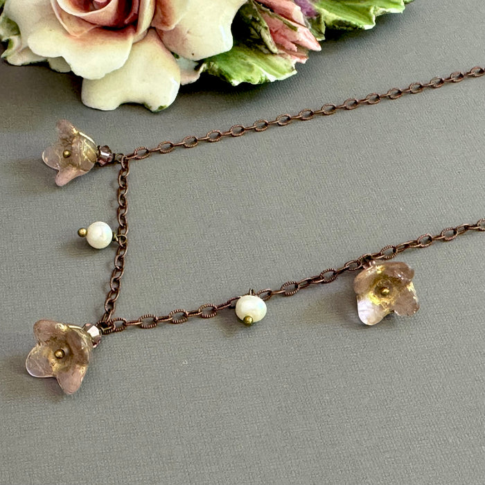 Pink Czech Glass Bell Flower Bead and Freshwater Pearl Necklace on Antique Copper