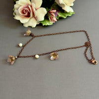 Pink Czech Glass Bell Flower Bead and Freshwater Pearl Necklace on Antique Copper