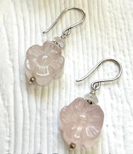 Load image into Gallery viewer, Carved Rose Quartz Flower Earrings in Sterling Silver
