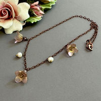 Pink Czech Glass Bell Flower Bead and Freshwater Pearl Necklace on Antique Copper