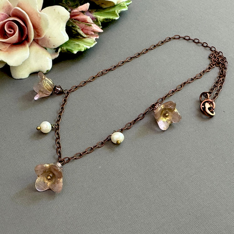 Pink Czech Glass Bell Flower Bead and Freshwater Pearl Necklace on Antique Copper
