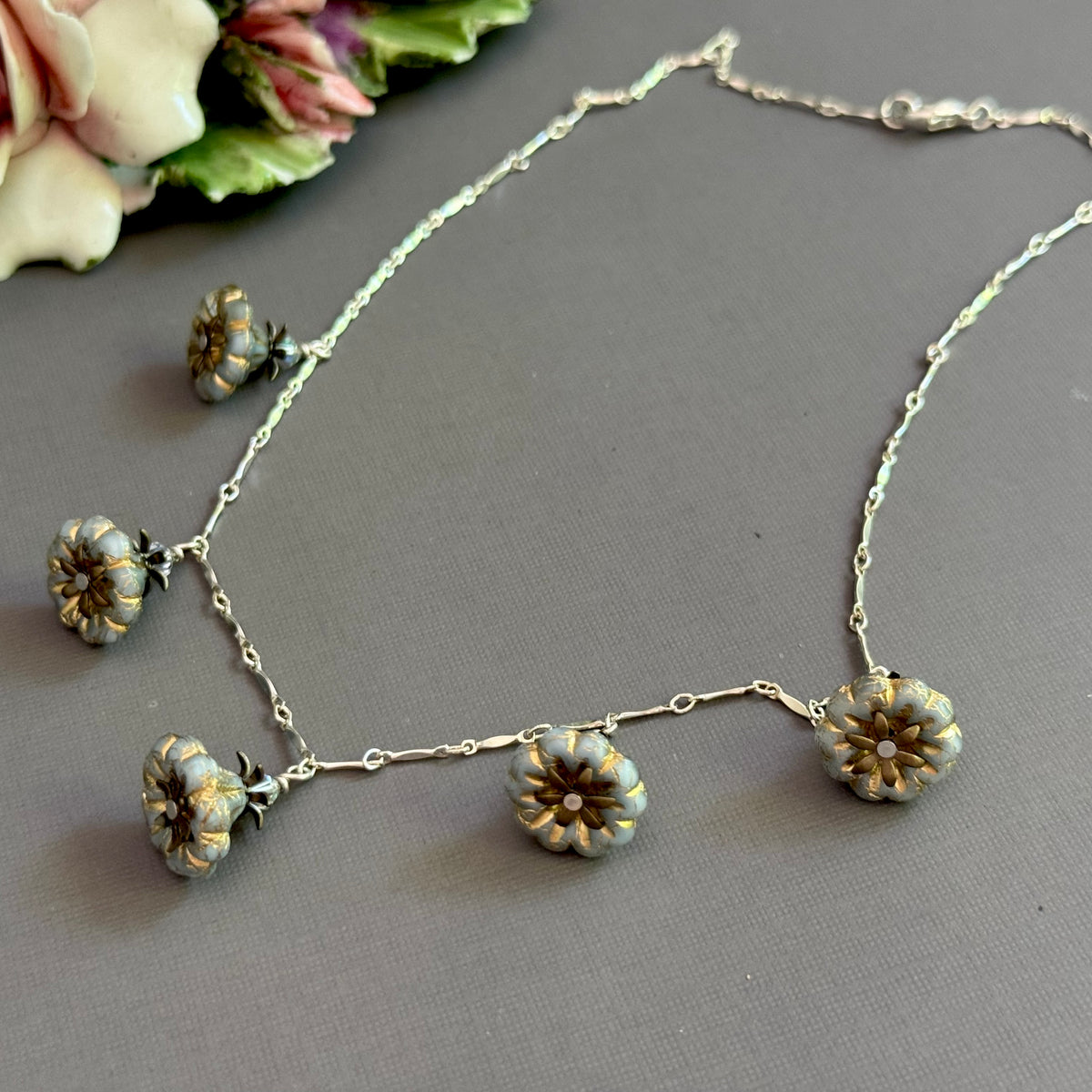 Gray Czech Glass Bell Flower Bead Necklace on Sterling Silver