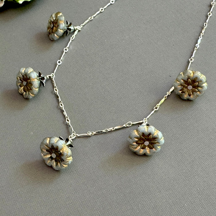 Gray Czech Glass Bell Flower Bead Necklace on Sterling Silver