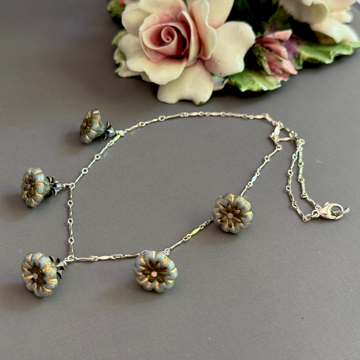 Gray Czech Glass Bell Flower Bead Necklace on Sterling Silver