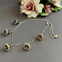 Gray Czech Glass Bell Flower Bead Necklace on Sterling Silver