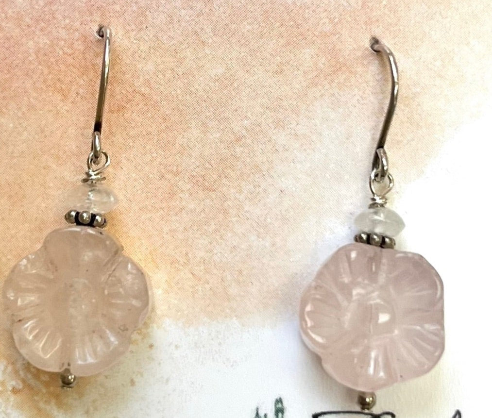 Carved Rose Quartz Flower Earrings in Sterling Silver