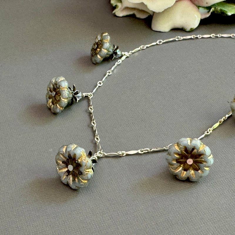 Gray Czech Glass Bell Flower Bead Necklace on Sterling Silver