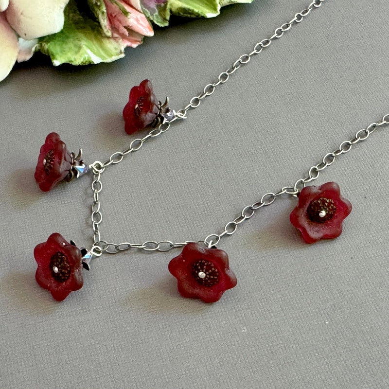 Raspberry Rave Czech Glass Wide Bell Flower Drop Necklace on Sterling Silver