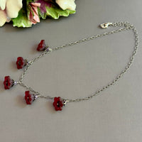 Raspberry Rave Czech Glass Wide Bell Flower Drop Necklace on Sterling Silver