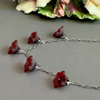 Raspberry Rave Czech Glass Wide Bell Flower Drop Necklace on Sterling Silver