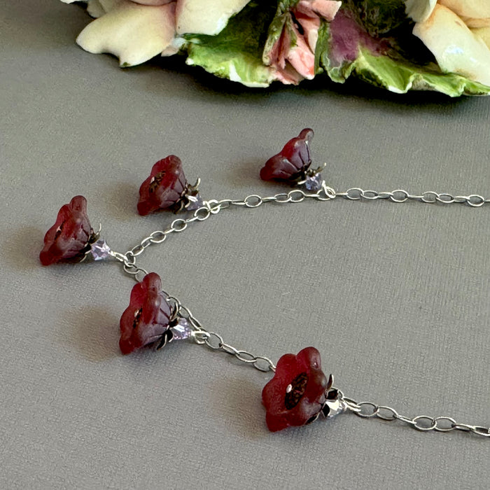 Raspberry Rave Czech Glass Wide Bell Flower Drop Necklace on Sterling Silver