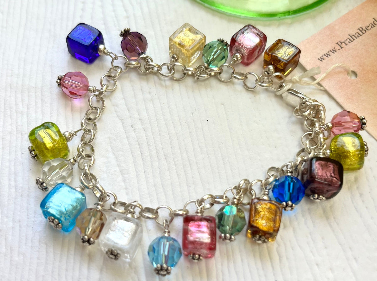 Venetian Foil Cube and Swarovski Crystal Charm Bracelet in Sterling Silver