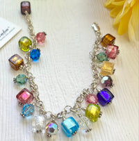 Venetian Foil Cube and Swarovski Crystal Charm Bracelet in Sterling Silver