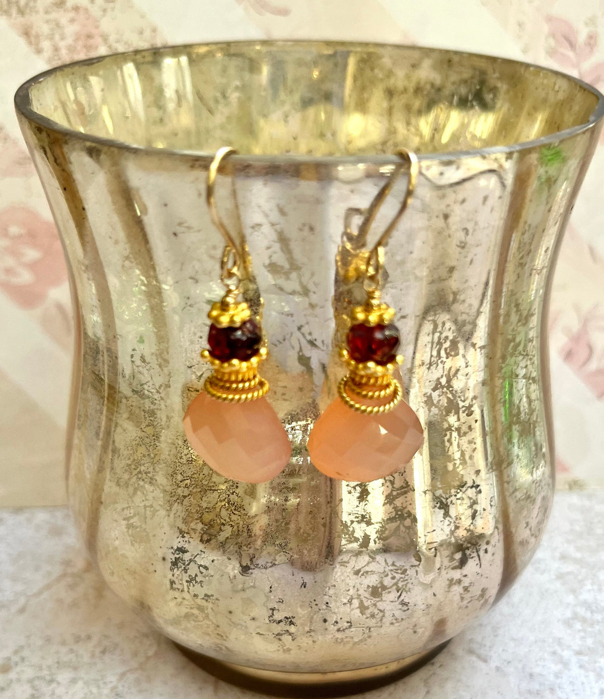 Large Pink Chalcedony Briollet Earrings in 14K Gold Fill