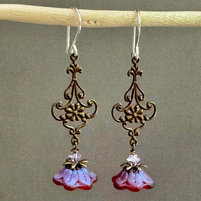 Czech Glass Raspberry Rave Bell Flower Earrings in Sterling Silver