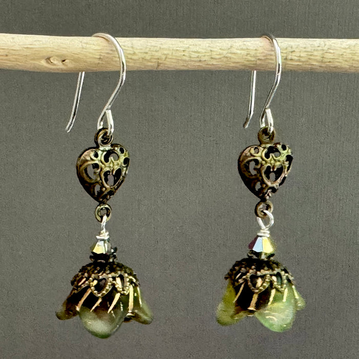 Victorian Dark Green Czech Glass Drops with Brass Heart Filigree Components in Sterling Silver