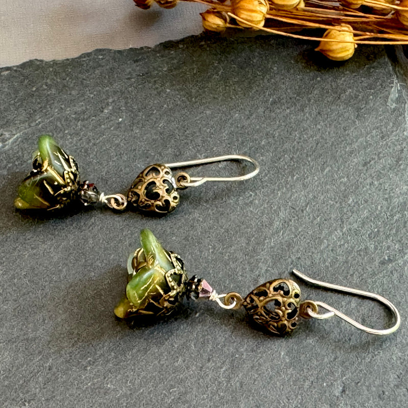 Victorian Dark Green Czech Glass Drops with Brass Heart Filigree Components in Sterling Silver