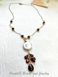 Freshwater Coin Pearl and Garnet Drop Necklace in 14K Gold Fill