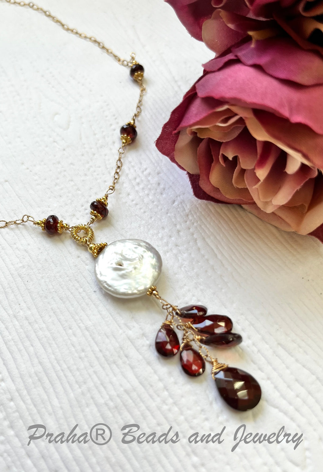 Freshwater Coin Pearl and Garnet Drop Necklace in 14K Gold Fill