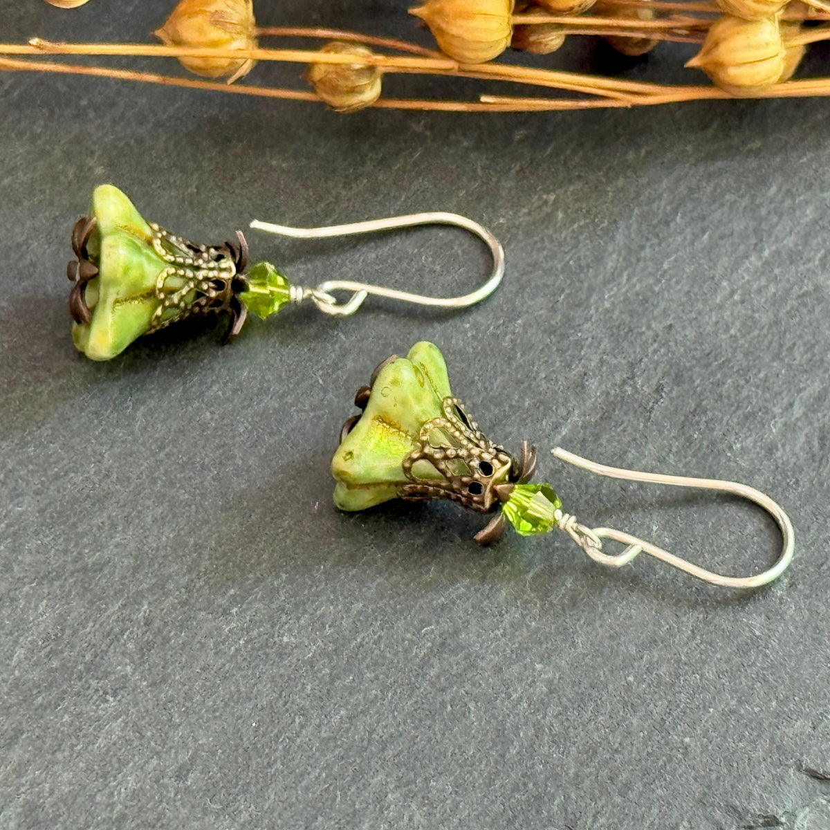 Green Czech Glass Bell Flower Bead Earrings in Sterling Silver