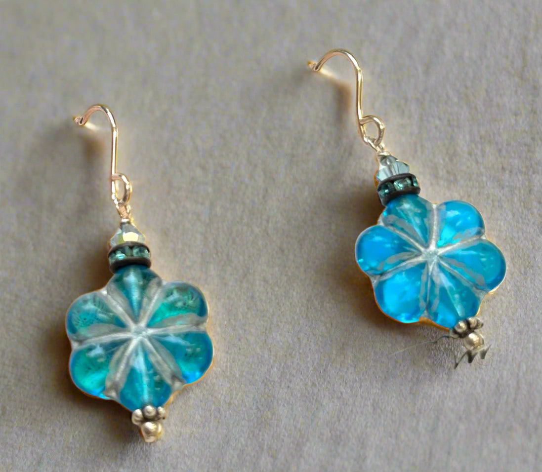 Czech Blue Glass Flower Earrings in Sterling Silver