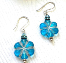 Load image into Gallery viewer, Czech Blue Glass Flower Earrings in Sterling Silver
