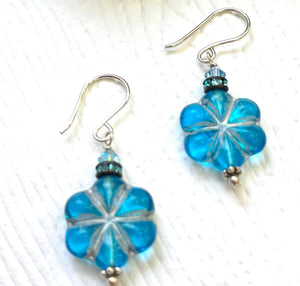 Czech Blue Glass Flower Earrings in Sterling Silver