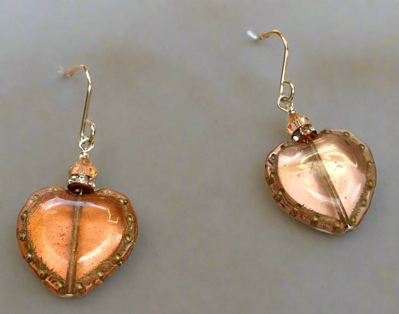 Czech Glass Peach Heart Earrings in Sterling Silver