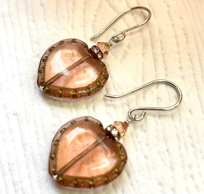 Czech Glass Peach Heart Earrings in Sterling Silver