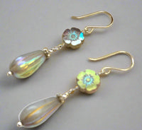 Czech Glass Gray and Gold Dangle Drop Earrings in Sterling Silver