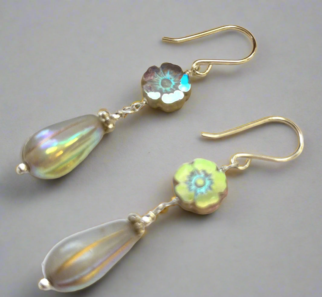 Czech Glass Gray and Gold Dangle Drop Earrings in Sterling Silver