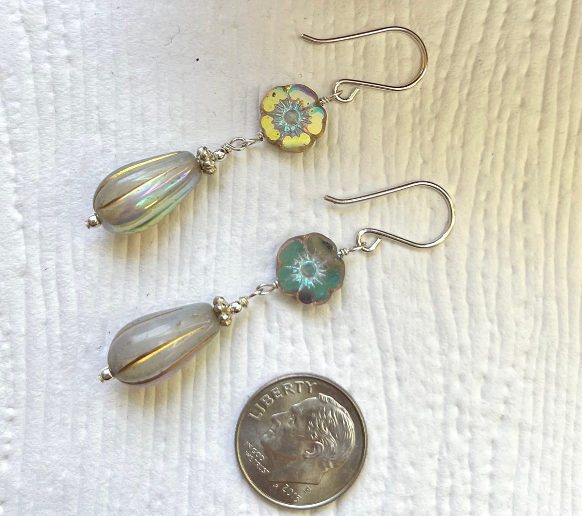 Czech Glass Gray and Gold Dangle Drop Earrings in Sterling Silver