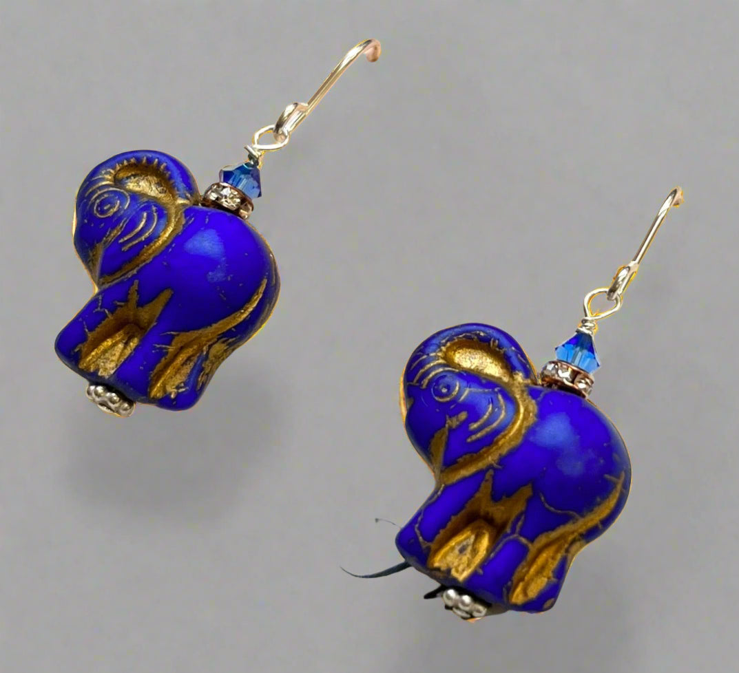 Czech Glass Blue Elephant Earrings in Sterling Silver