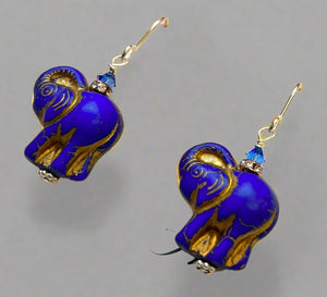 Czech Glass Blue Elephant Earrings in Sterling Silver