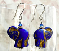 Czech Glass Blue Elephant Earrings in Sterling Silver