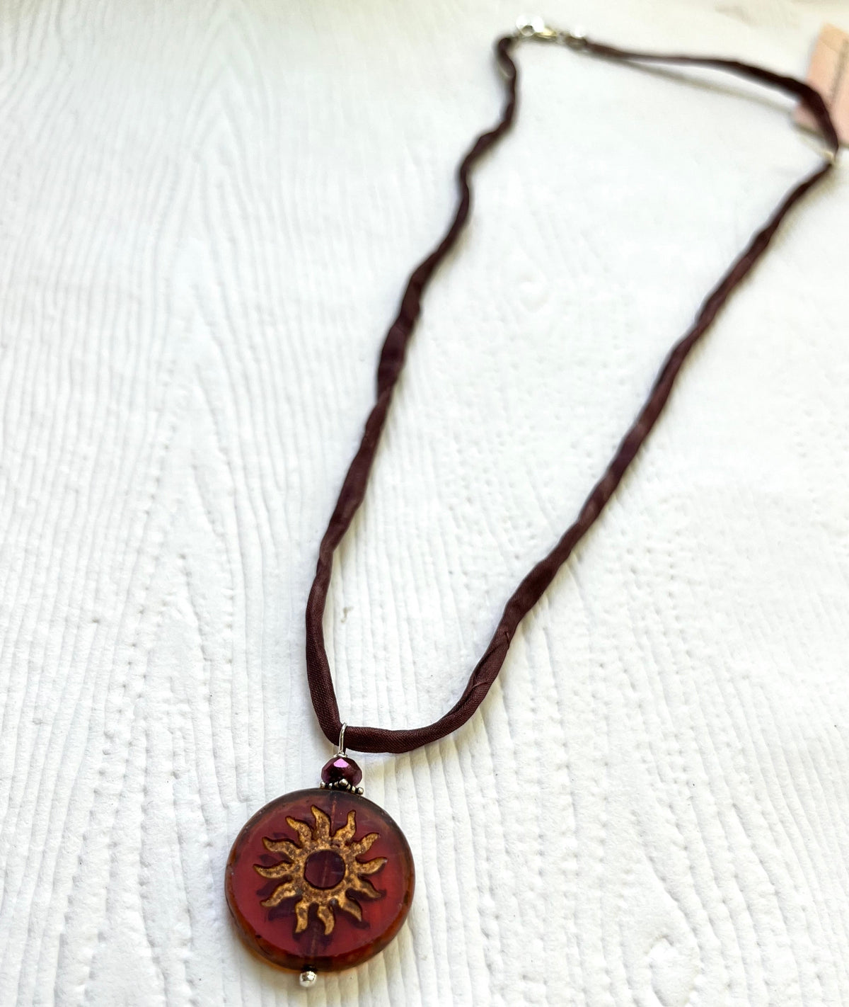 Czech Glass Burnt Orange Sun Bohemian Drop Necklace on Silk Cord