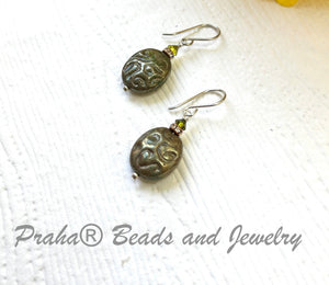 Czech "Rustic" Green Glass Oval Earrings in Sterling Silver