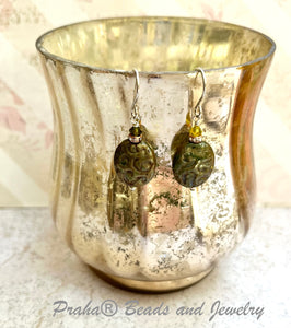 Czech "Rustic" Green Glass Oval Earrings in Sterling Silver