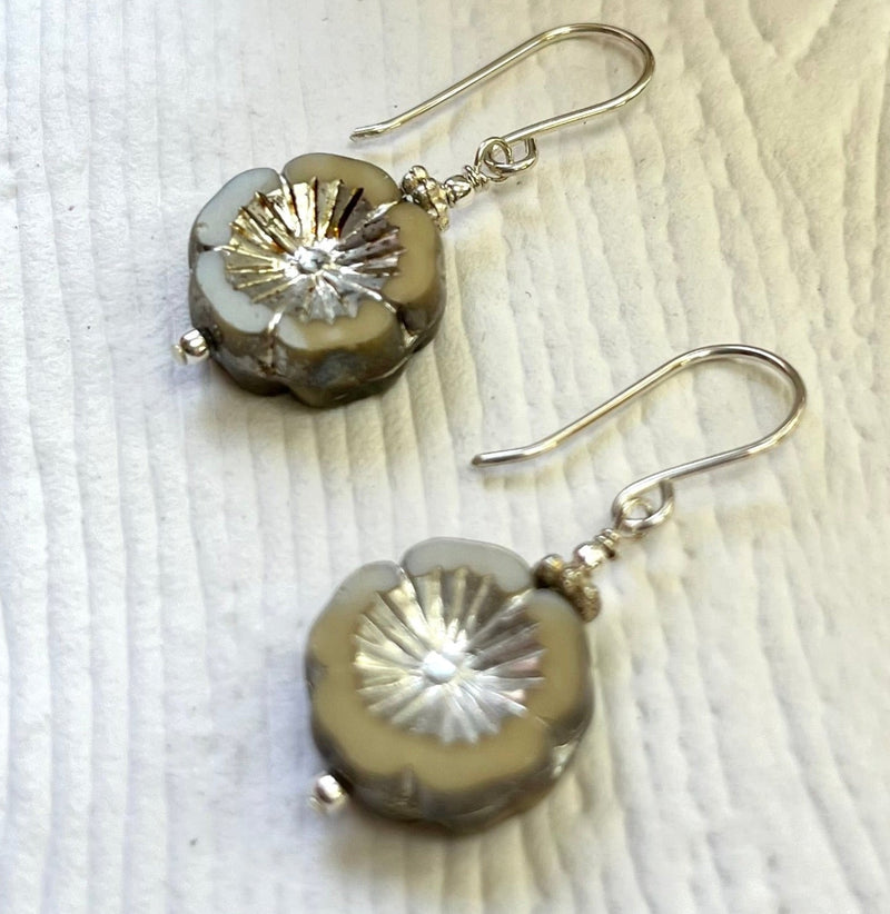 Czech Glass Silver Flower Earrings in Sterling Silver