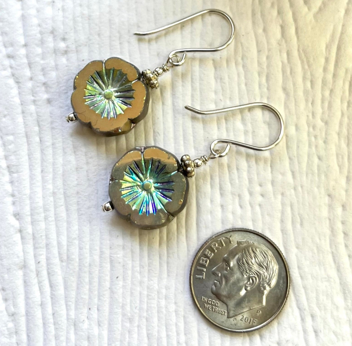 Czech Glass Silver Flower Earrings in Sterling Silver