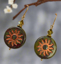 Load image into Gallery viewer, Huge Round Forest Green Czech Glass Sun Bohemian Drop Earrings in 14K Gold Fill
