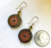 Huge Round Forest Green Czech Glass Sun Bohemian Drop Earrings in 14K Gold Fill