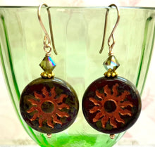 Load image into Gallery viewer, Huge Round Forest Green Czech Glass Sun Bohemian Drop Earrings in 14K Gold Fill
