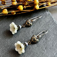 White Czech Glass Bell Flower Earrings with Antique Brass Heart Components in Sterling Silver
