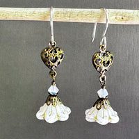 White Czech Glass Bell Flower Earrings with Antique Brass Heart Components in Sterling Silver