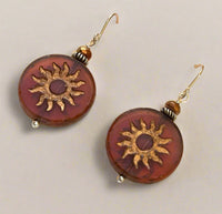 Huge Round Burnt Orange Czech Glass Sun Bohemian Drop Earrings in Sterling Silver